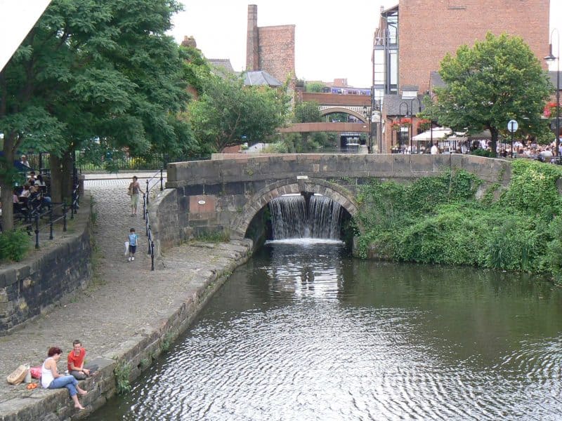 Cafes and shops by the canals in downtown Manchester.