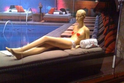 Topless pool manequin at the Mirage, Las Vegas