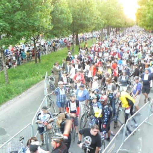 The crowd awaits the start of the Tour de Nuit, on the streets of Montreal.