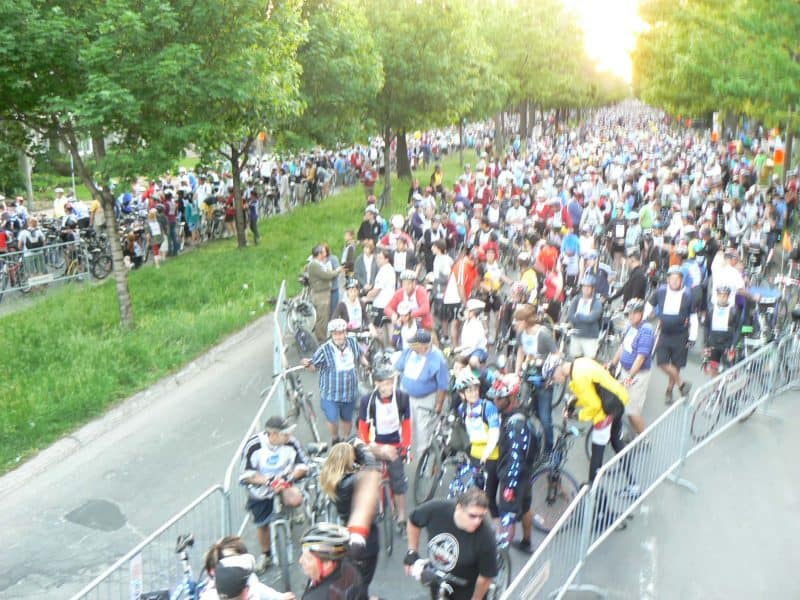 The crowd awaits the start of the Tour de Nuit, on the streets of Montreal.