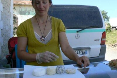 Magalie Berry, goat farmer, selling her wares in Sainte Vincent de Connezac, France.