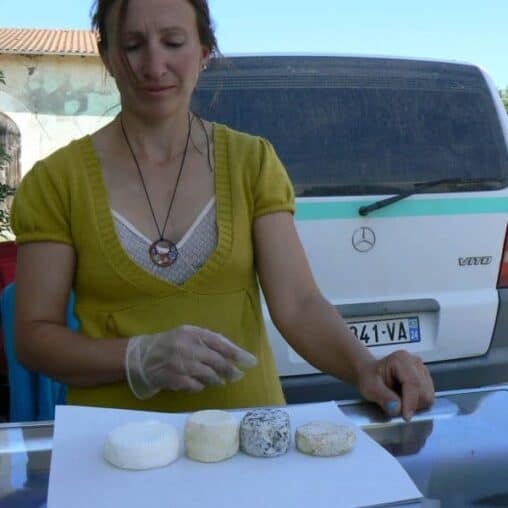 Magalie Berry, goat farmer, selling her wares in Sainte Vincent de Connezac, France.