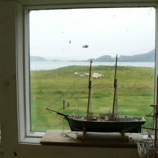 Looking out the window of Ornult Opdahl's studio in Godoy, Norway.