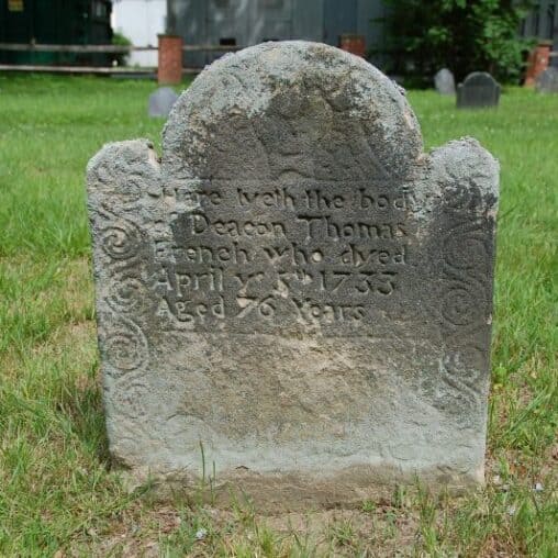 1720s gravestone in Old Deerfield cemetary, with the rounded corners of the period.