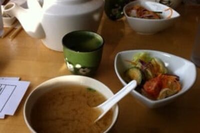Miso soup and salad at Arigato Sushi and Hibachi, Amherst.