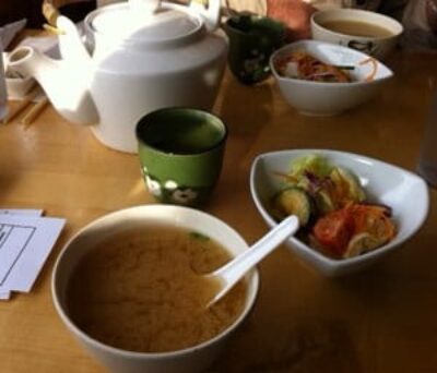 Miso soup and salad at Arigato Sushi and Hibachi, Amherst.