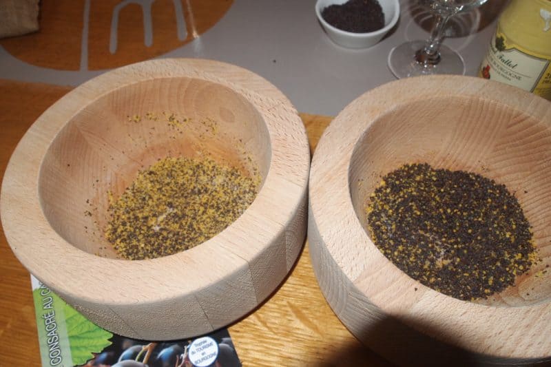 The mustard seeds turn from brown to yellow upon grinding. Lots of grinding.
