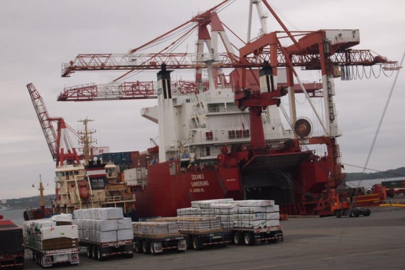 Trucks drive right onto the ships with their containers in Halifax, NS