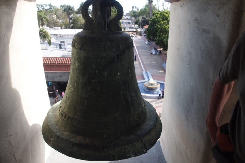 A bell from 1825 worn with age, at the San Buenaventura mission in Ventura. CA.
