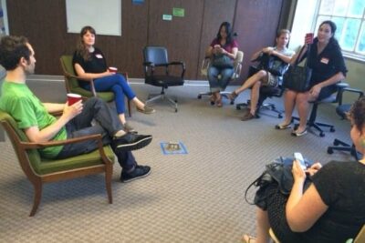 A group gathered at Eastworks last night to talk about starting a cooperative work space in the building.