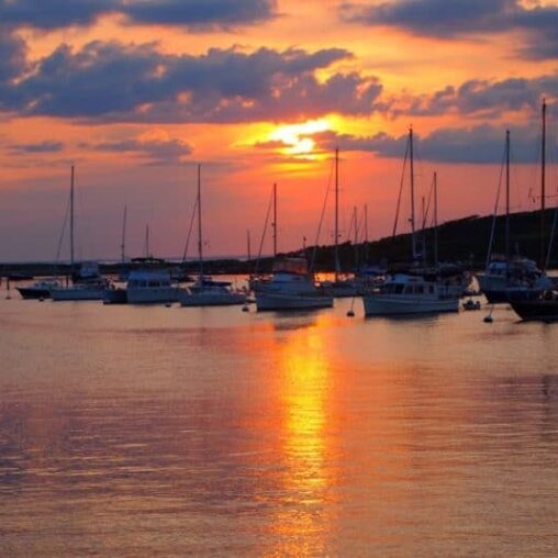 Sunset from the water in Vineyard Haven harbor, Martha's Vineyard MA.