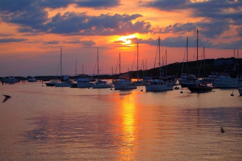 Sunset from the water in Vineyard Haven harbor, Martha's Vineyard MA.