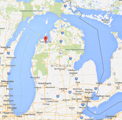 Traverse City is across the state from Detroit, just below the Upper Peninsula.