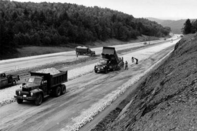 Laying down stones on Interstate 91 under construction in 1962.