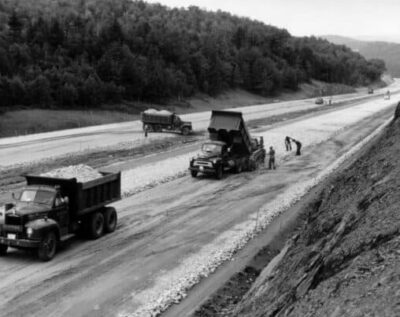 Laying down stones on Interstate 91 under construction in 1962.