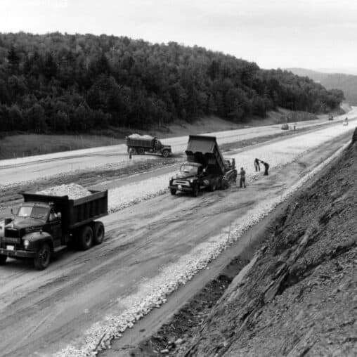 Laying down stones on Interstate 91 under construction in 1962.