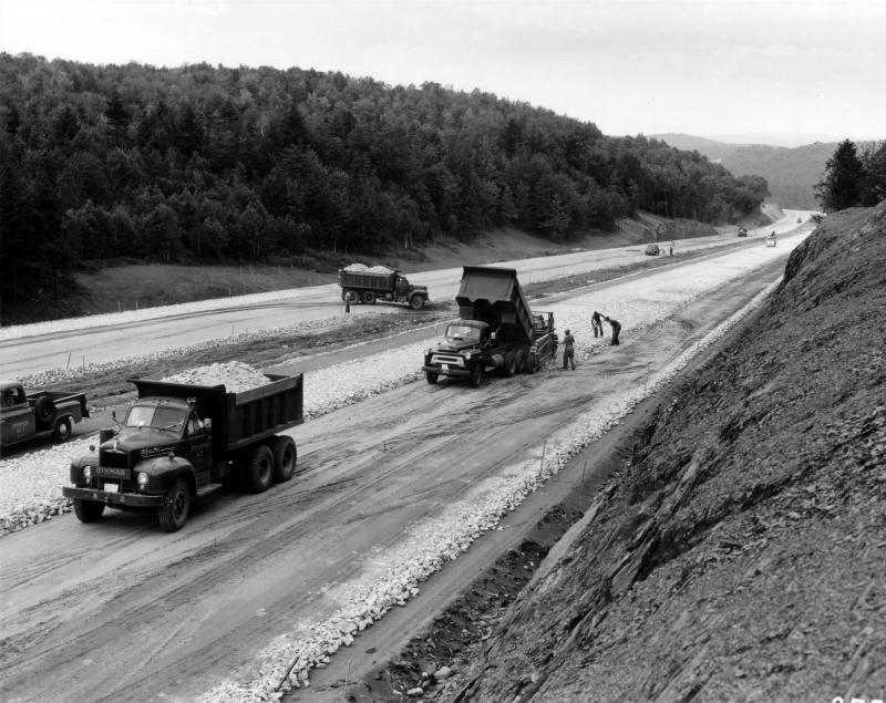 Laying down stones on Interstate 91 under construction in 1962.