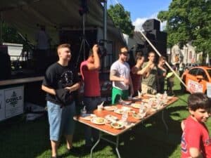 Four contestants vied for the prize of a rock climbing gift certificate by eating five taste dishes as fast as they could.