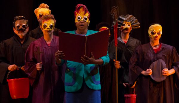 In the play's third act, the actors don masks to look like Simpsons characters.