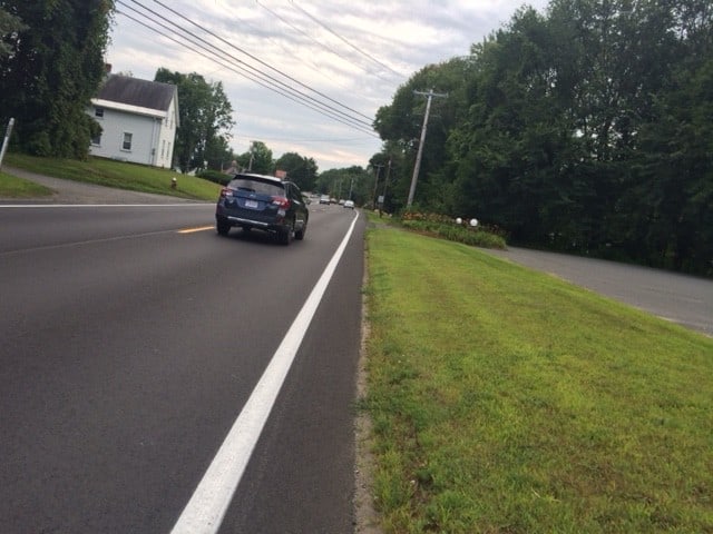 Here the median is just too narrow to safely ride along Route 5 in South Deerfield.2