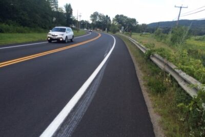 The path for bikes along the newly resurfaced Routes 5&10 is best between Yankee Candle and Magic Wings, but after that gets too narrow to safely ride.