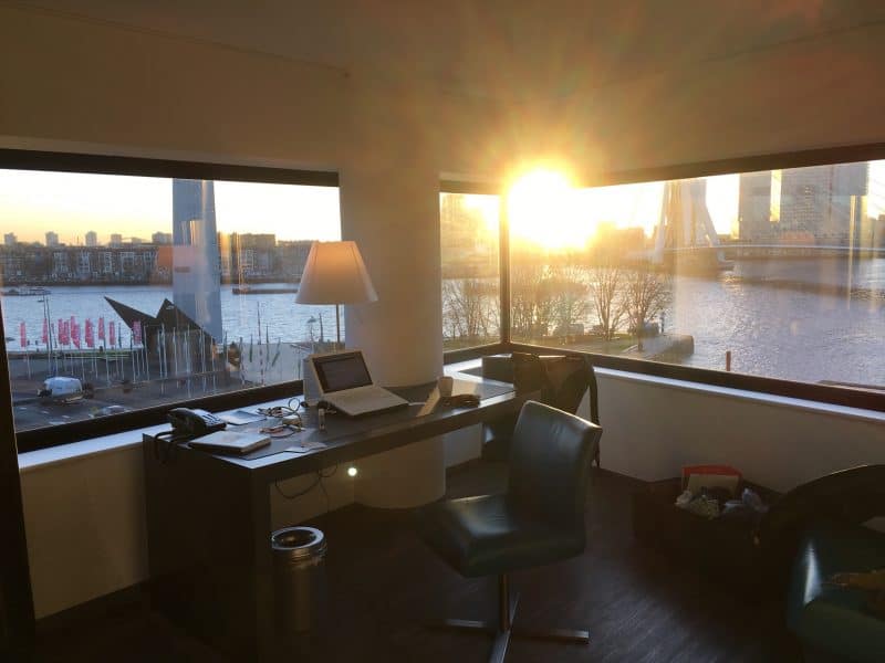 My corner room with a view at the Inntel Hotel, Rotterdam, Netherlands.