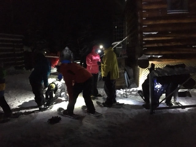 Getting our lights and gear ready for the 5 km down hill snowshow from the Refuge de Trappeurs to the base of Tremblant.