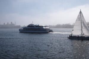 The Catalina ferry in front of the Queen Mary at Rainbow Harbor, Long Beach CA. 
