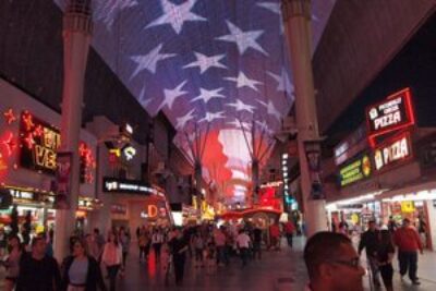 This long covered walkway, lit up with a variety of video shows, is the canopy for thousands of people enjoying the exciting nightlife of downtown Las Vegas. 