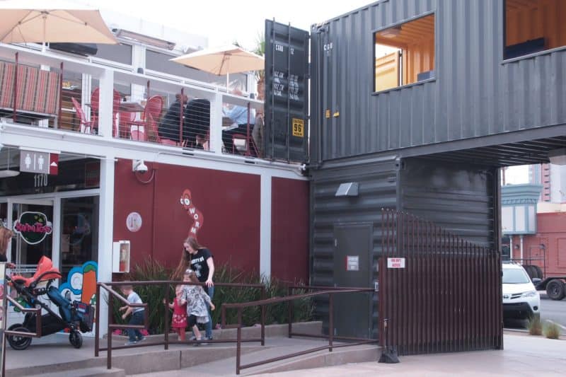 Both actual containers and prebuilt steel boxes were used to create the Container Park.