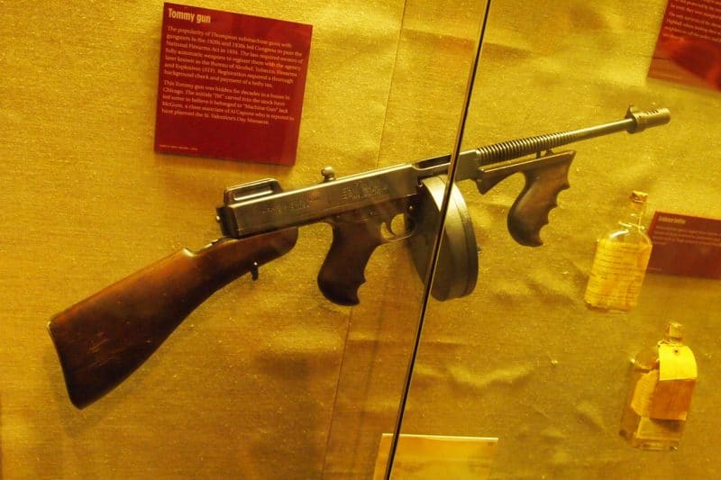 A Tommy gun like the ones used in the famous St Valentine's Day massacre in 1928, on display with the actual wall from Chicago, at the Mob Museum.