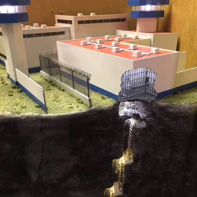 A scale model at the Mob Museum shows the Mexican prison where associates of El Chapo dug a tunnel and helped him escape earlier this year. 