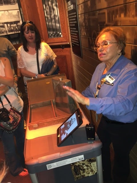 At the Mob Museum, an employee shows us an attache case that held two one-gallon flasks used during Prohibition. 
