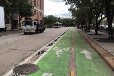 A bike path protected from cars in Houston, Texas.