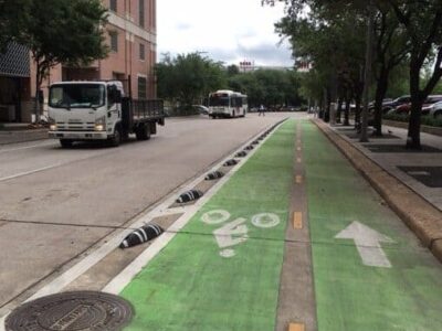 A bike path protected from cars in Houston, Texas.