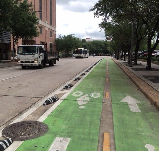 A bike path protected from cars in Houston, Texas.