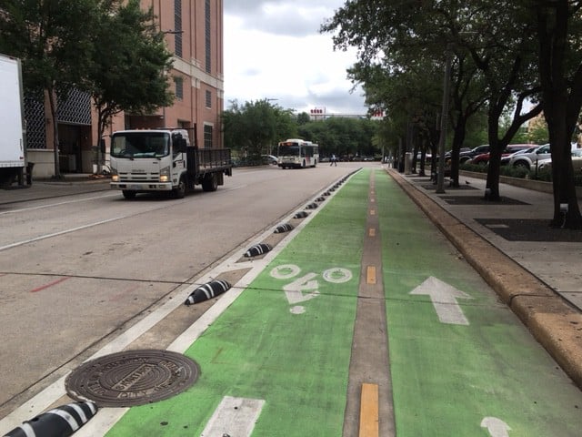 A bike path protected from cars in Houston, Texas.
