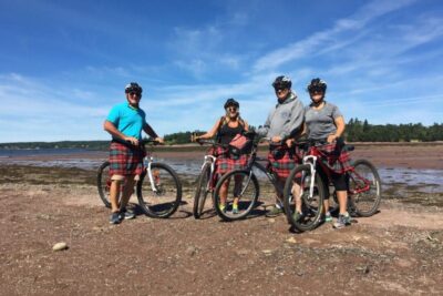 Riding bikes in Kilts with Off Kilter Bike Tours, in St Andrews, New Brunswick.