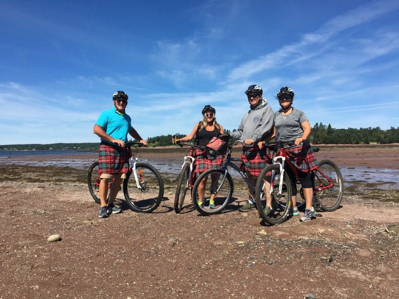 Riding bikes in Kilts with Off Kilter Bike Tours, in St Andrews, New Brunswick.