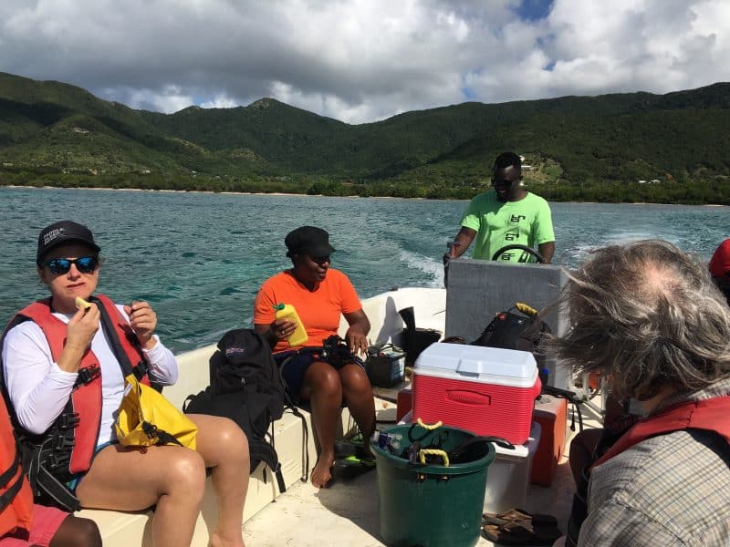 Aboard the boat to get to the reef for snorkeling in Antigua and Barbuda.