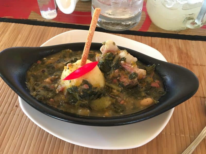 Pepperpot is the national dish of Antigua, it's greens, potato, pickled meat in soup.