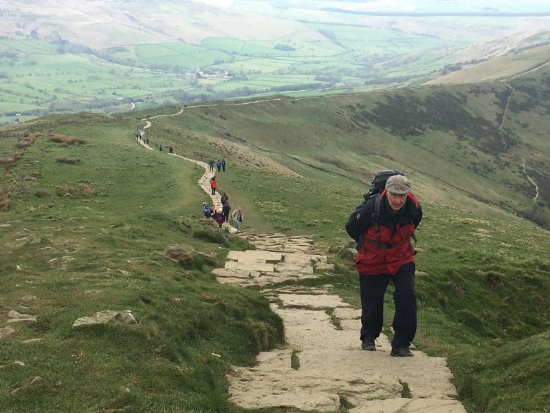 Hiking the top of the ridge on Mam Tor, in the Peak District of central England. 