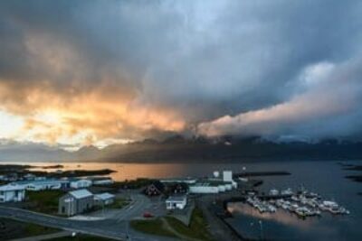 A harbor in Iceland at twlight.