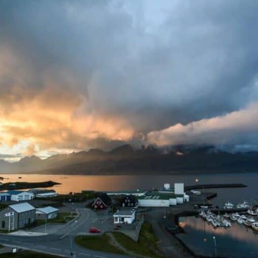 A harbor in Iceland at twlight.