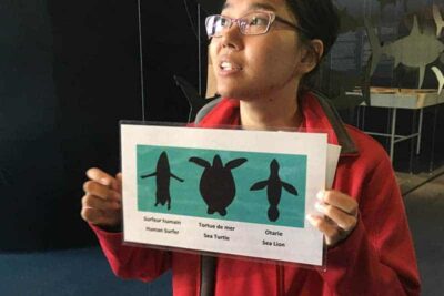 Rosalie, the guide at Exploramer, shows us what people, turtles and fish look like from the eyes of a shark.