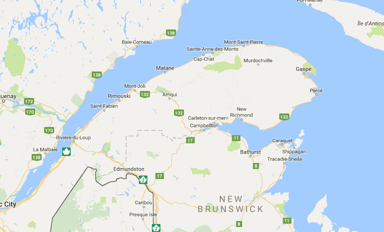 The Gaspesie Peninsula is bordered by the St. Lawrence River and the Bay of Fundy, in far eastern Quebec.