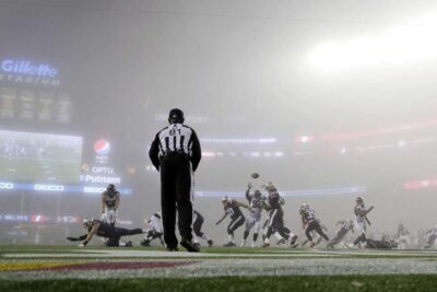 The foggy field at Gillette Stadium last night made it hard for the commentators to see the action.
