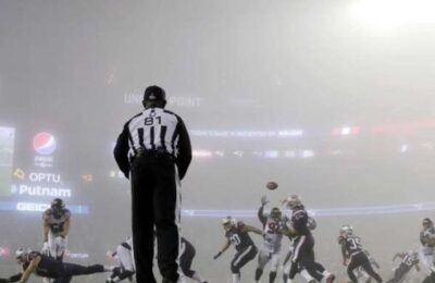 The foggy field at Gillette Stadium last night made it hard for the commentators to see the action.