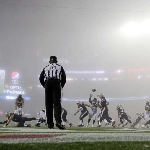 The foggy field at Gillette Stadium last night made it hard for the commentators to see the action.