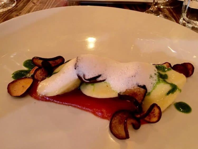 Tortello filled with ricotta cheese, tomato sauce, parmigiana foam, basil and eggplant